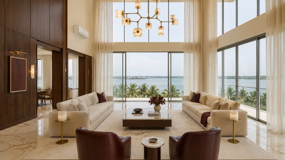 Àdùnní Residences website, a luxury reception room with marble floor and chandelier