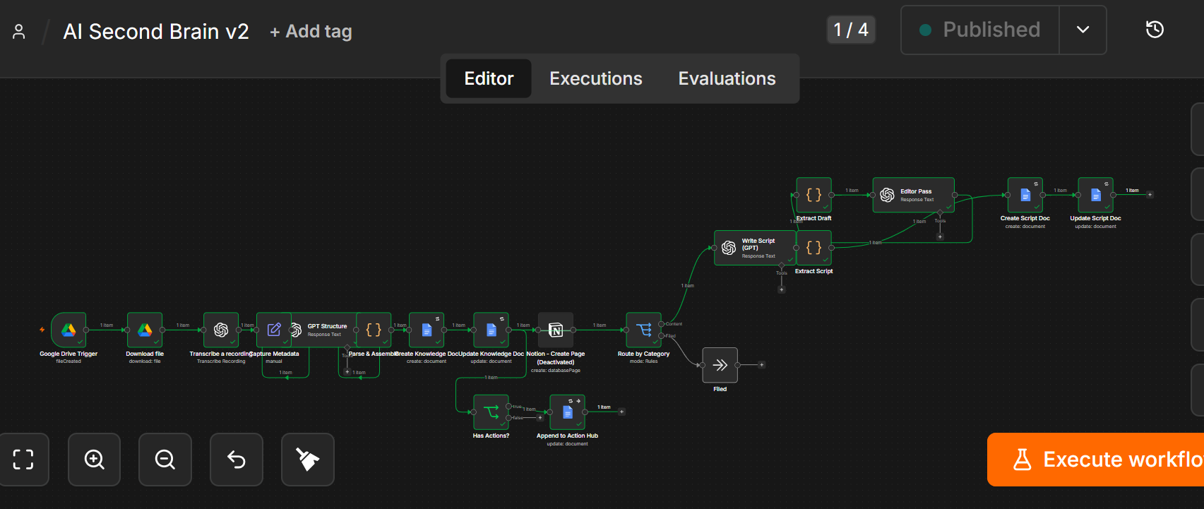 The n8n automation flow behind the AI Second Brain: a Google Drive trigger feeds transcription, GPT structuring, knowledge doc creation, a category router, a two-pass script writer, and an Action Hub task appender